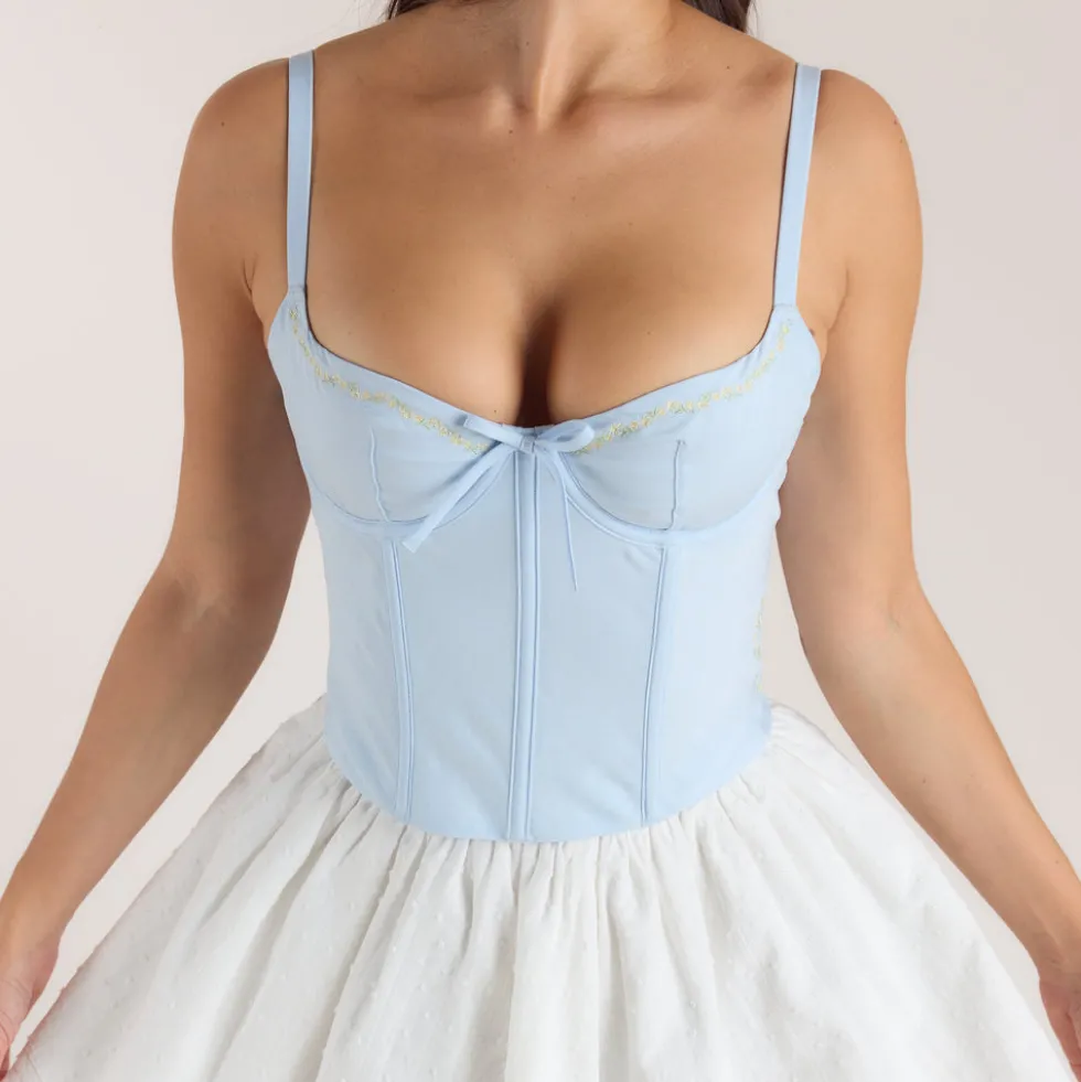 Bestickter Korsett-Top mit Blumenmuster - Blau