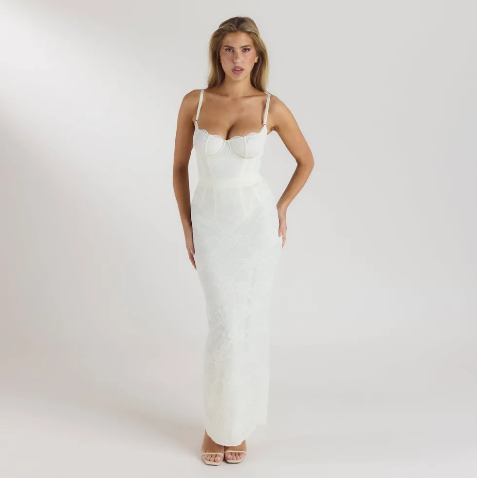 Blossom Maxikleid mit Body - Crèmefarben