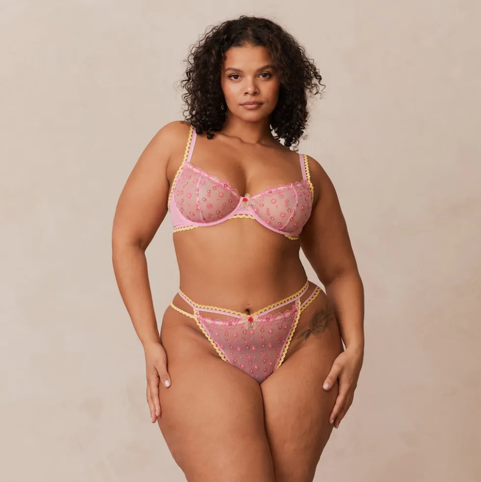 Daisy Embroidered Balcony BH und String/Slip Set - Rosa