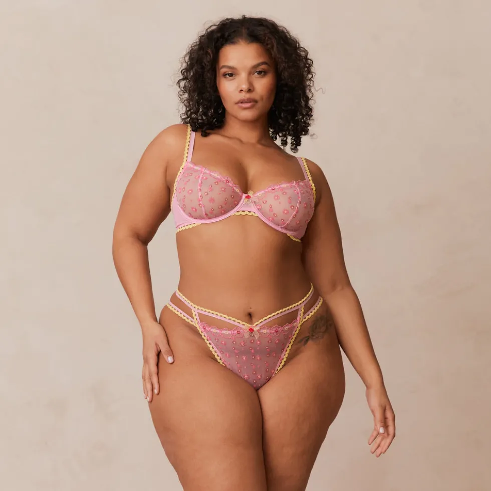 Daisy Embroidered Balcony BH und String/Slip Set - Rosa