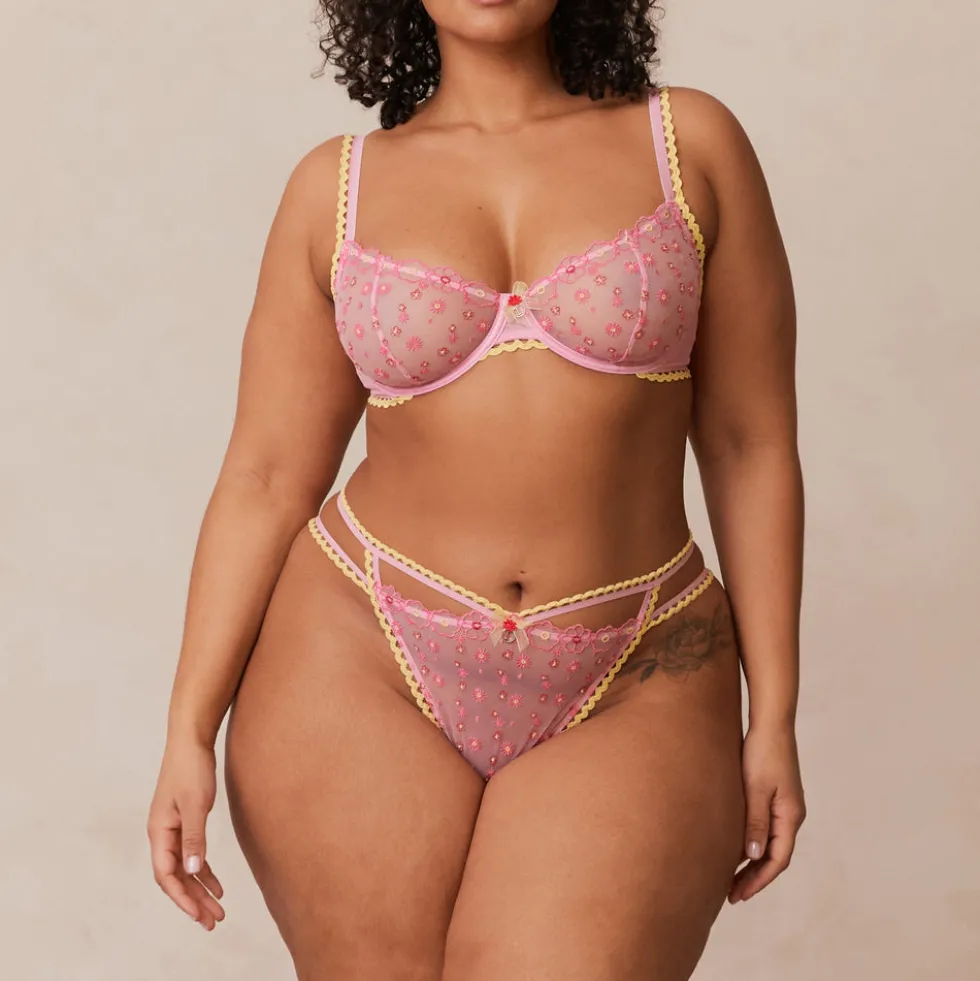 Daisy Embroidered Balcony BH und String/Slip Set - Rosa