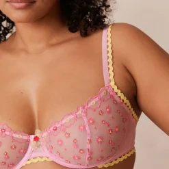 Daisy Embroidered Balcony BH und String/Slip Set - Rosa