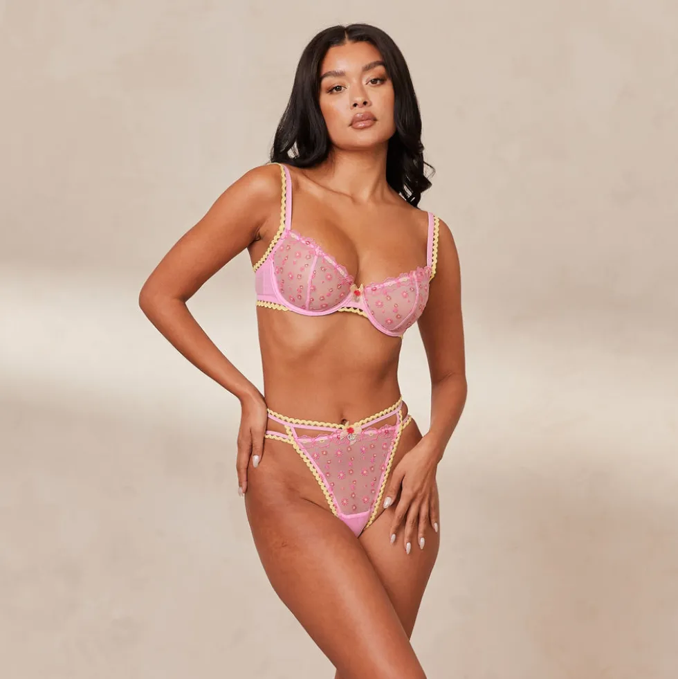 Daisy Embroidered Balcony BH und String/Slip Set - Rosa