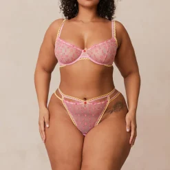 Daisy Embroidered Balcony BH und String/Slip Set - Rosa