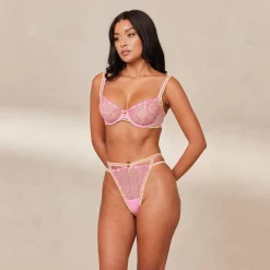 Daisy Embroidered Balcony BH und String/Slip Set - Rosa