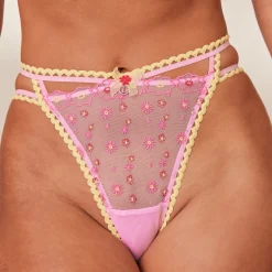 Daisy Embroidered Balcony BH und String/Slip Set - Rosa