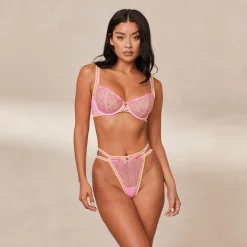 Daisy Embroidered Balcony BH und String/Slip Set - Rosa