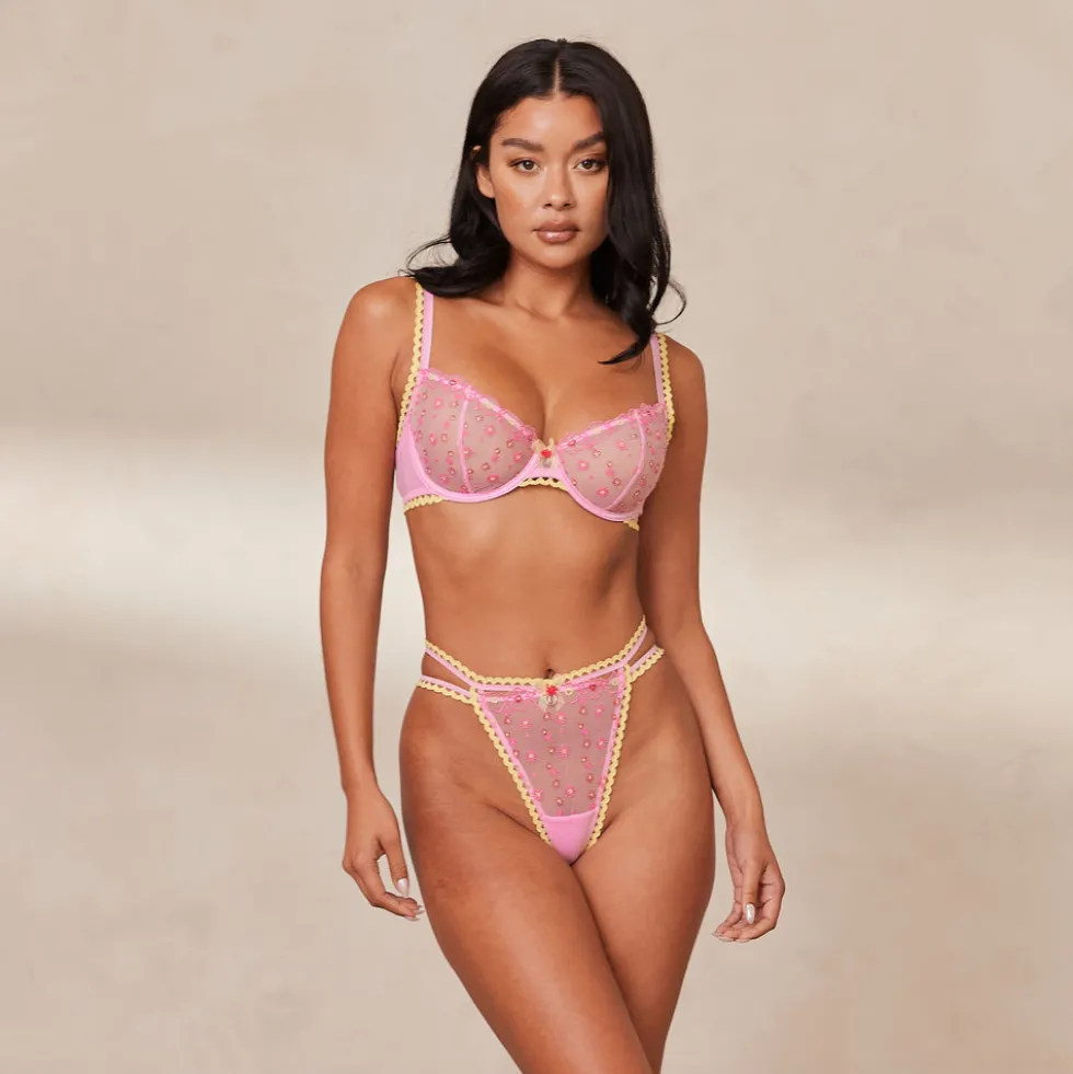 Daisy Embroidered Balcony BH und String/Slip Set - Rosa