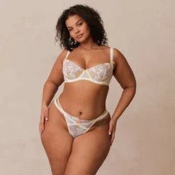 Fleur Balcony Bra und String Set - Weiß und Gelb
