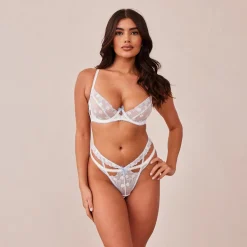 Fleur Balcony Bra und String Set - Weiß und Blau