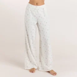 Gerippte Pyjamahosen - Florales Weiß