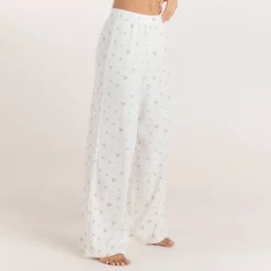 Gerippte Pyjamahosen - Florales Weiß