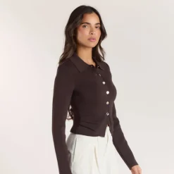 Gerippte Strickjacke - Schokolade