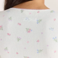 Gerippter, Kurzärmeliger Pyjama Top - Florales Weiß