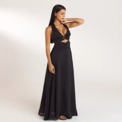Gerüschtes Tencel Maxikleid - Schwarz