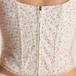 Korsetttop mit Spitzenbesatz - Florales Rosa