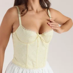 Korsetttop mit Spitzenbesatz - Florales Gelb