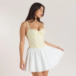 Korsetttop mit Spitzenbesatz - Florales Gelb