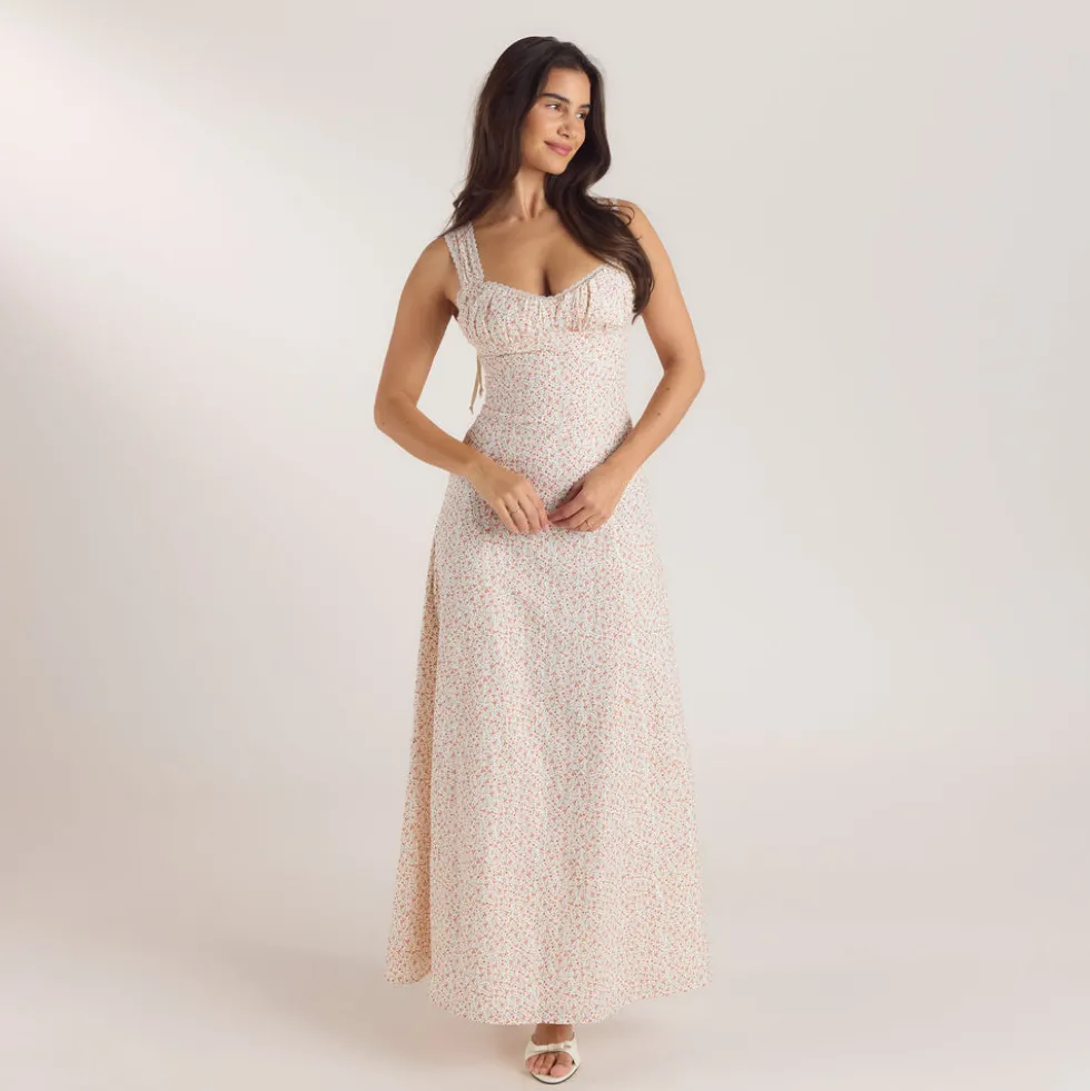 Maxikleid mit Korsetterie - Blumencreme