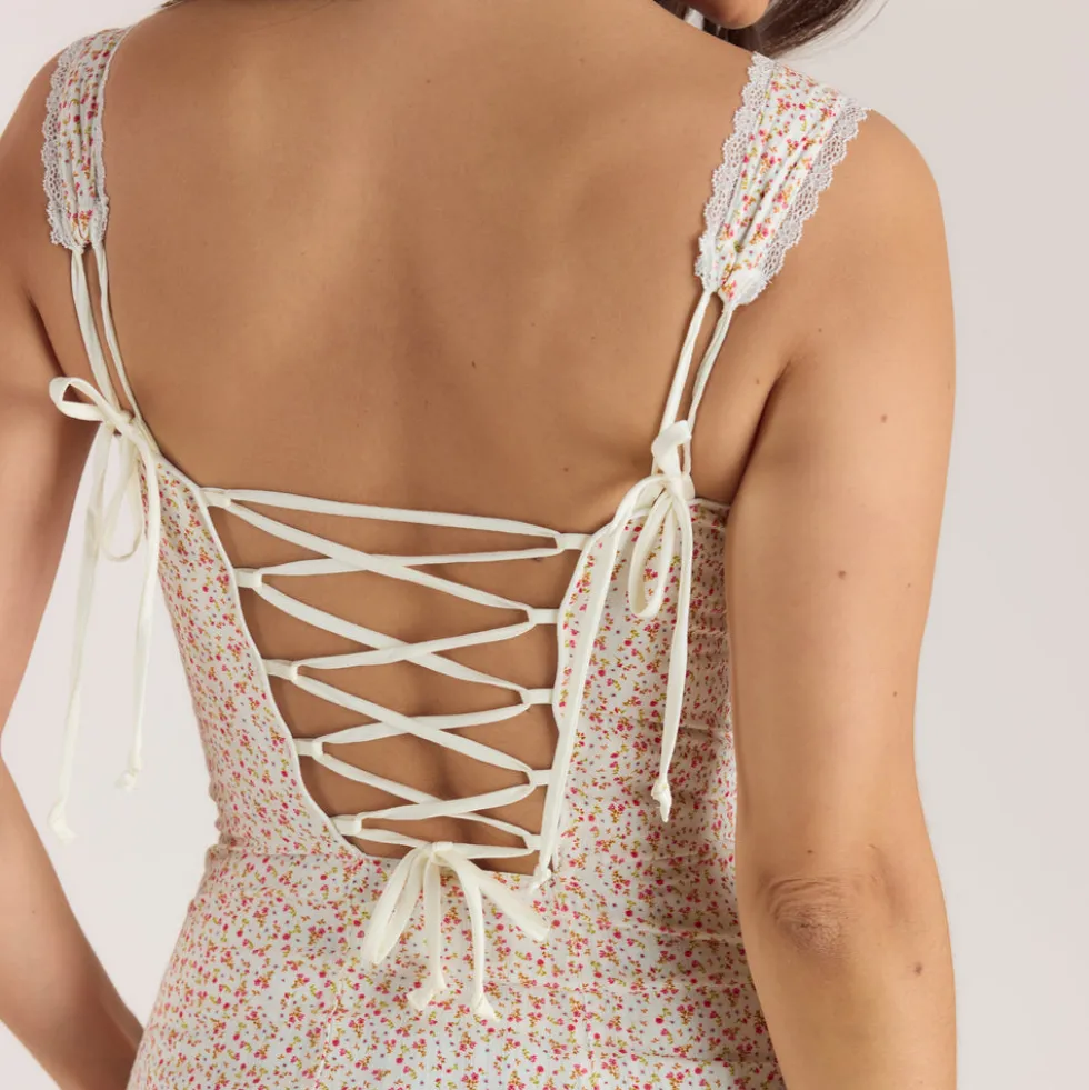 Maxikleid mit Korsetterie - Blumencreme