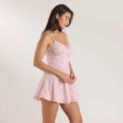 Minikleid mit Falten und Spitze - Florales Rosa