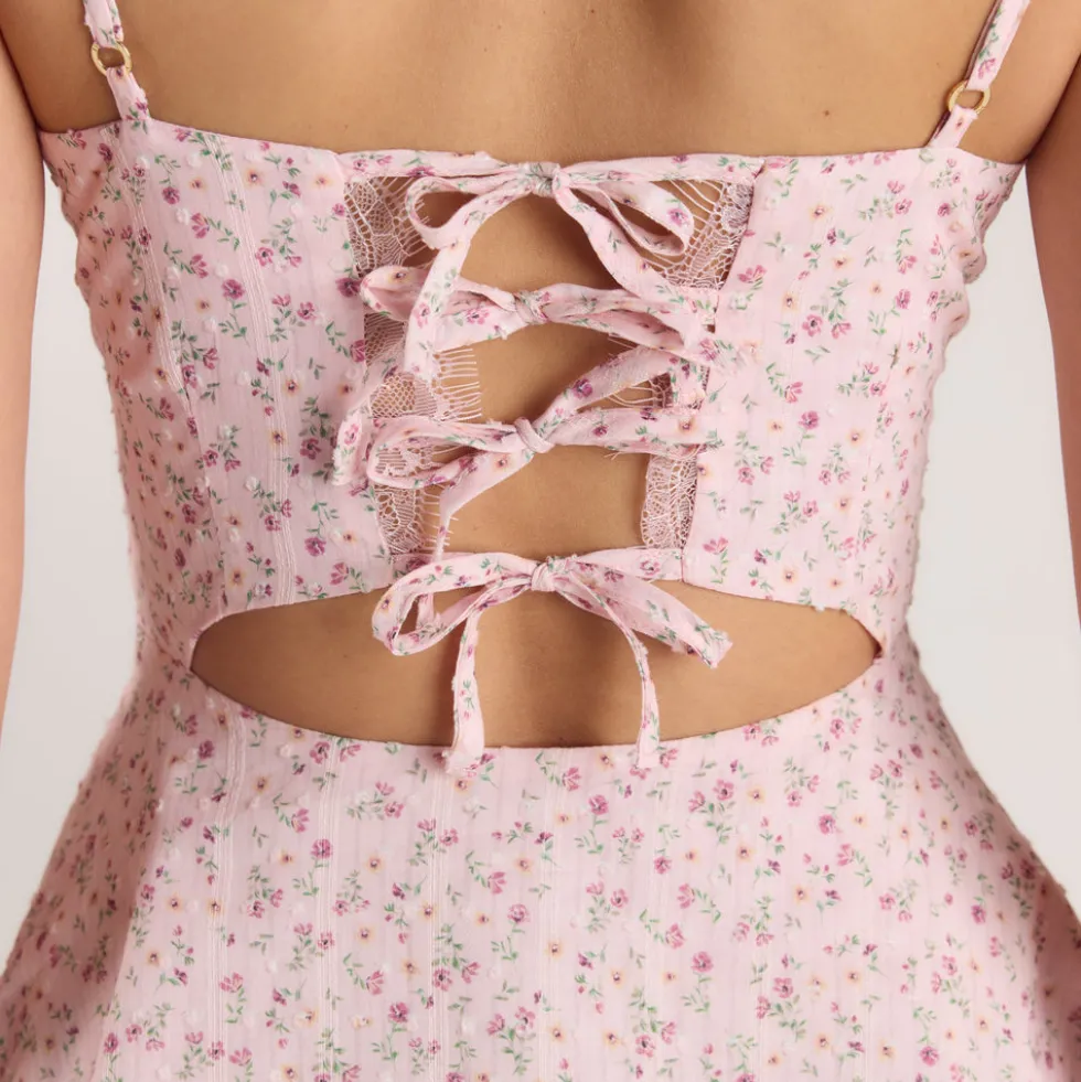 Minikleid mit Falten und Spitze - Florales Rosa