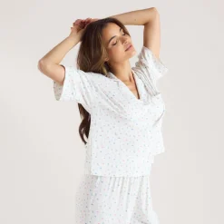 Modal Pyjama-Shirt mit kurzen Ärmeln - Florales Weiß