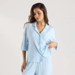 Modal Pyjama-Shirt mit kurzen Ärmeln - Florales Blau