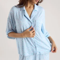 Modal Pyjama-Shirt mit kurzen Ärmeln - Florales Blau