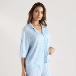 Modal Pyjama-Shirt mit kurzen Ärmeln - Florales Blau