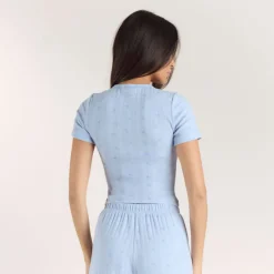 Pointelle Pyjama-Top - Florales Blau