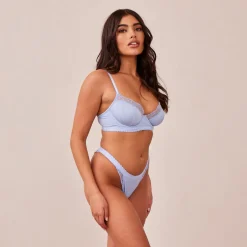 Ribbed Balcony BH und String/Slip Set - Blau