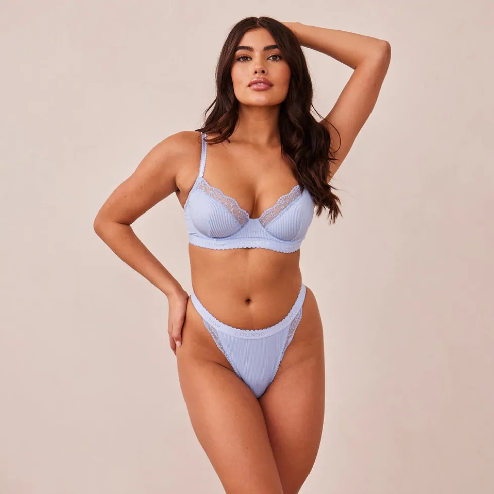 Ribbed Balcony BH und String/Slip Set - Blau