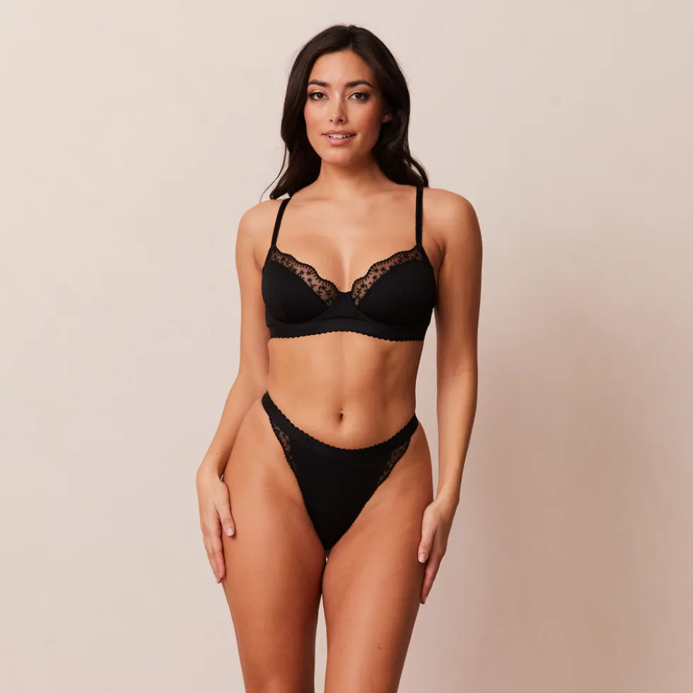 Ribbed Balcony BH und String/Slip Set - Schwarz