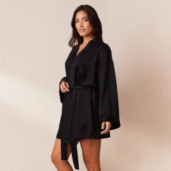 Signature Satin-Morgenmantel - Schwarz