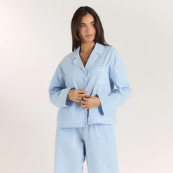 Texturiertes Pyjamahemd aus Baumwoll - Blau