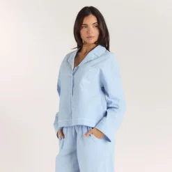 Texturiertes Pyjamahemd aus Baumwoll - Blau