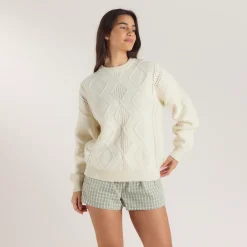 Zopfmuster-Pullover - Crèmefarbe